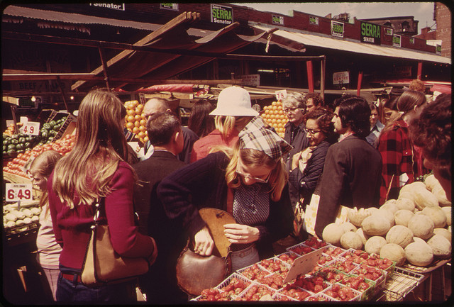People at outdoor Food Market at Haymarket Square, boston